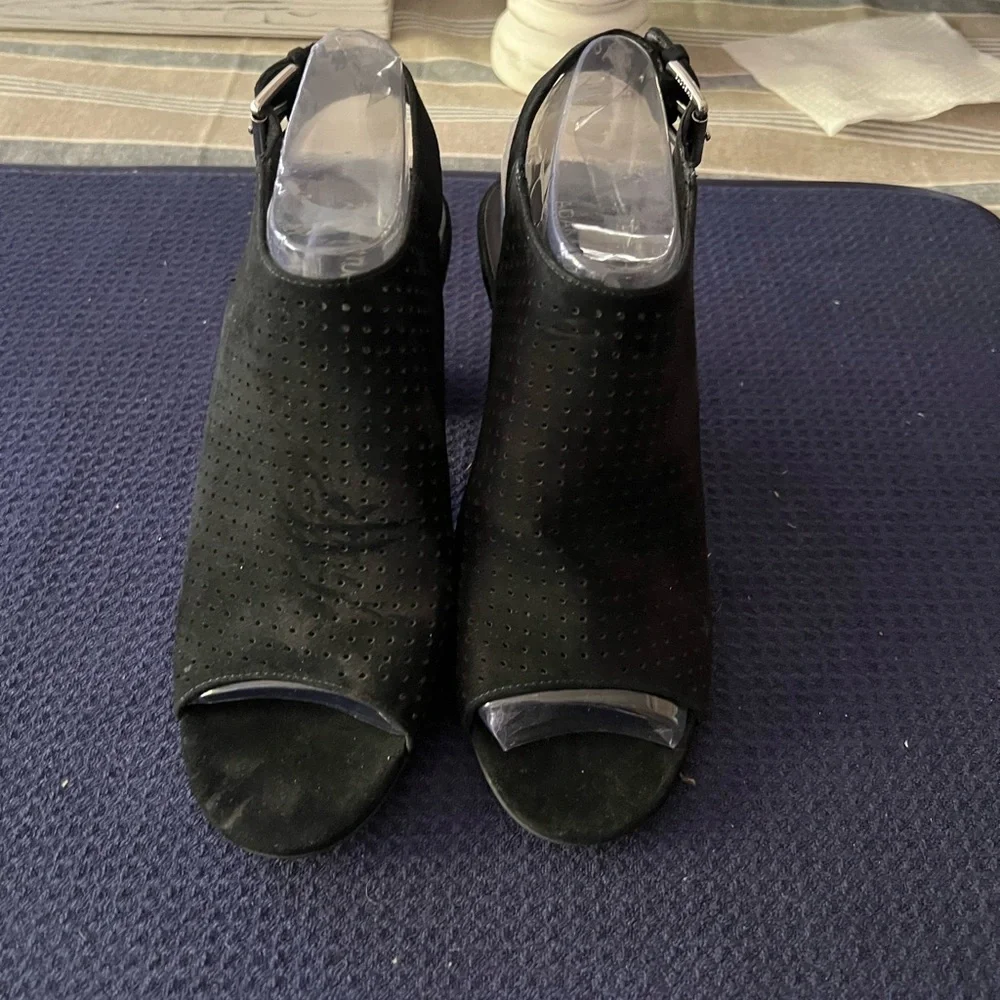 Adam Tucker Black Suede Block Heel Sandals